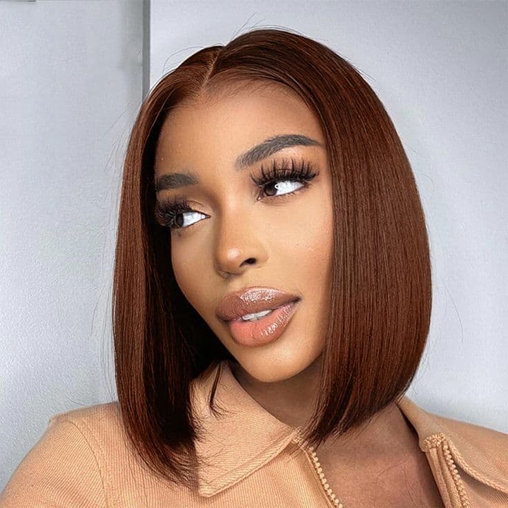 Glueless Chestnut Brown Blunt Cut Bone straight 2x6 Lace Bob Wig 100% Human Hair