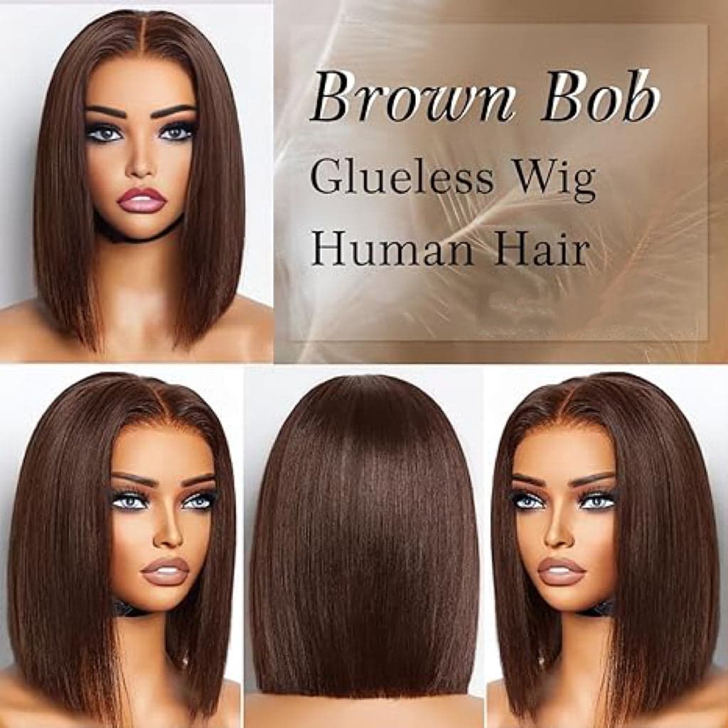 Glueless Dark Brown Blunt Cut SDD Bone straight 4x4 Lace Wig 100% Human Hair