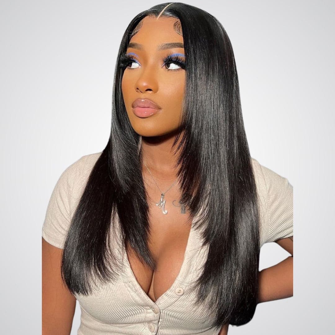 Glueless Layered Bone Straight 5×5 Pre-Cut Closure HD Lace Wig 100% Human Hair 22“